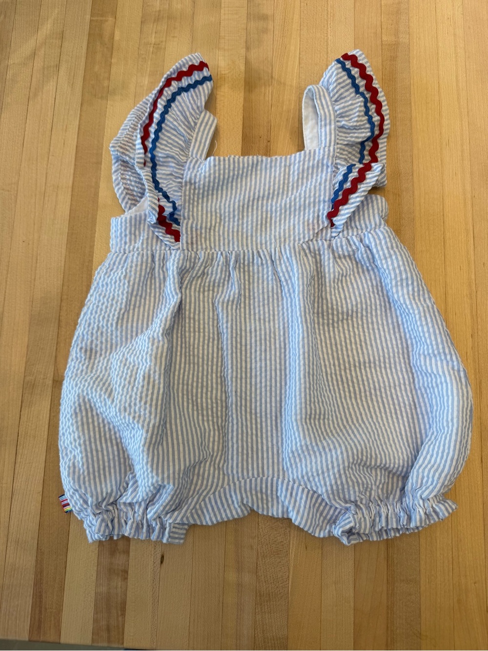 Magnetic Me Patriotic Striped Blue Seersucker Baby Romper with Red & Blue Trim - Picture 2 of 6